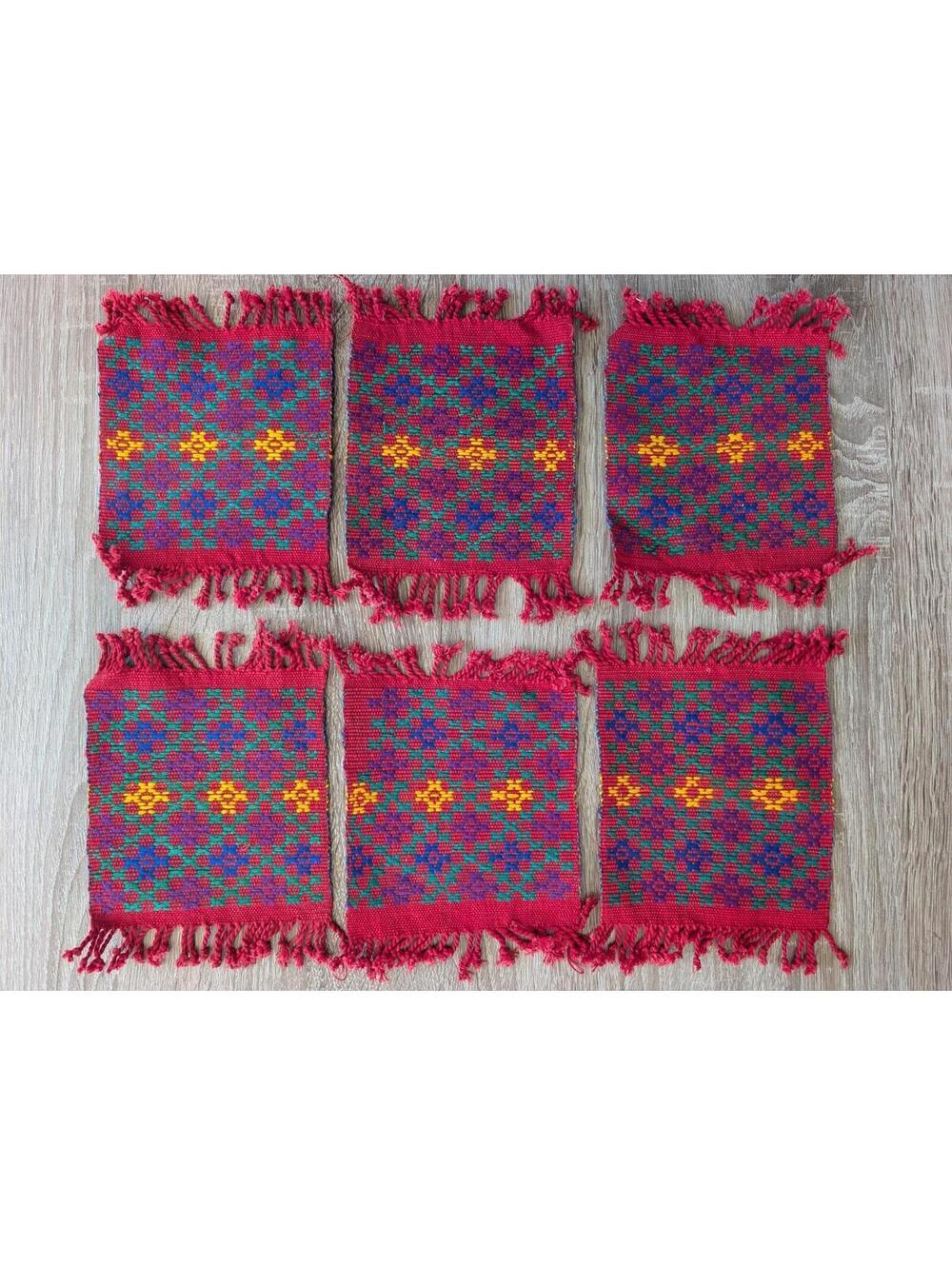 Handwoven Red Southwestern Mayan Style Mug Rug Coasters Set Of 6 Boho Western